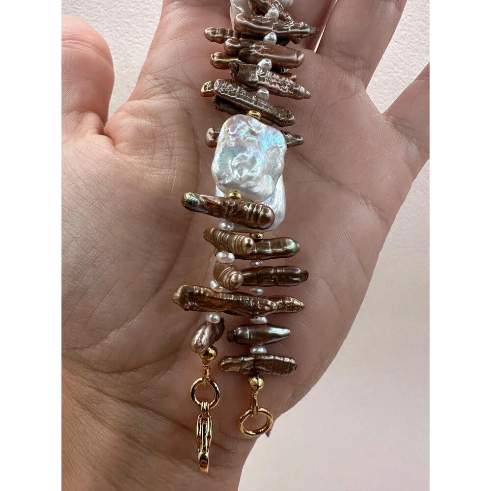 Handmade Freshwater Pearl Necklace: Biwa Stick and Square White Pearls